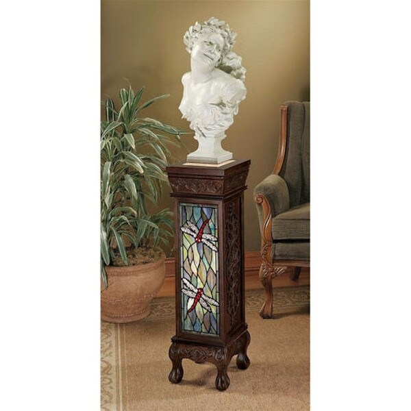 Display Art Dragonfly Stained Glass Lighted Pedestal Ornate Column